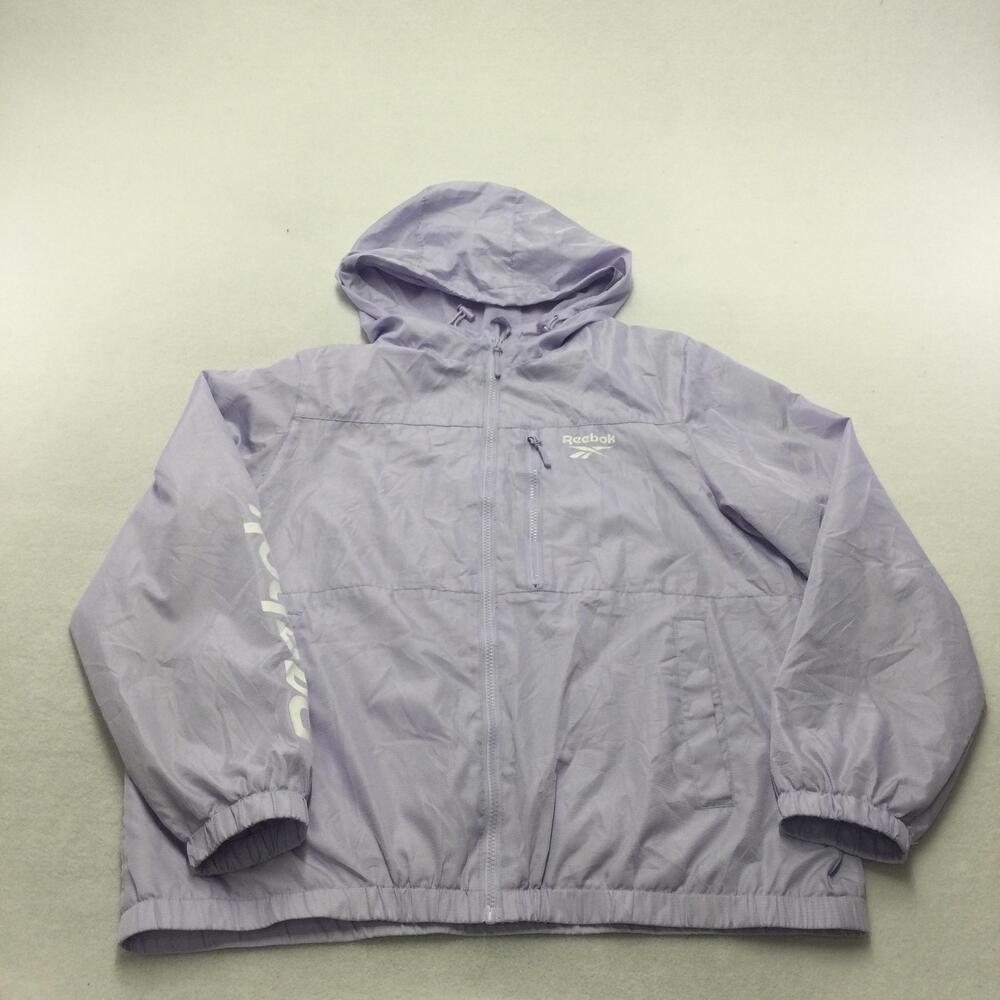 Reebok Jacket Mens XL Purple Hooded Full Zip Windbreaker Logo Pockets Athletic